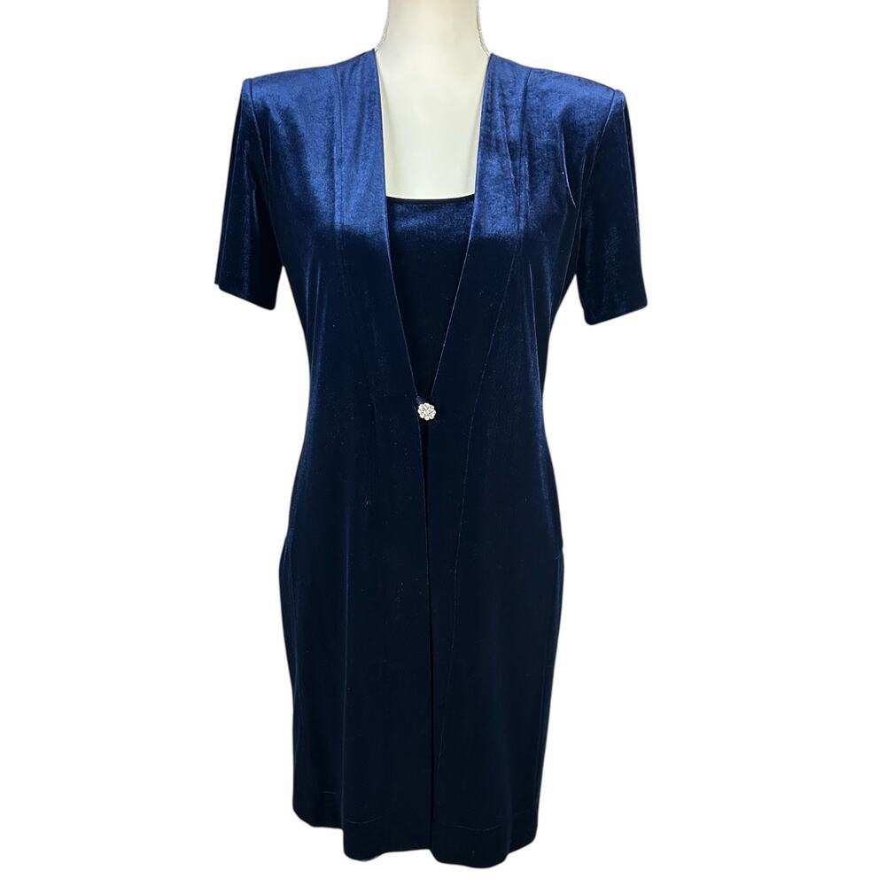 Rhapsody Velvet Dress Size 6 Blue Attached Faux Jacket Front Rhinestone Closure